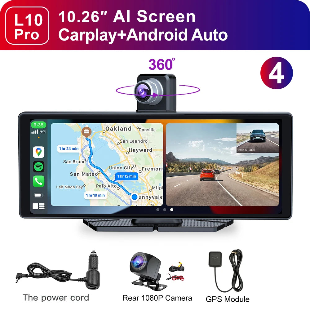 LEHX LP10Pro 10.26" DashCam Car DVR 4K Dual Len Recorder Carplay Android auto Ai Screen Dash Cam GPS Navigation Dashboard