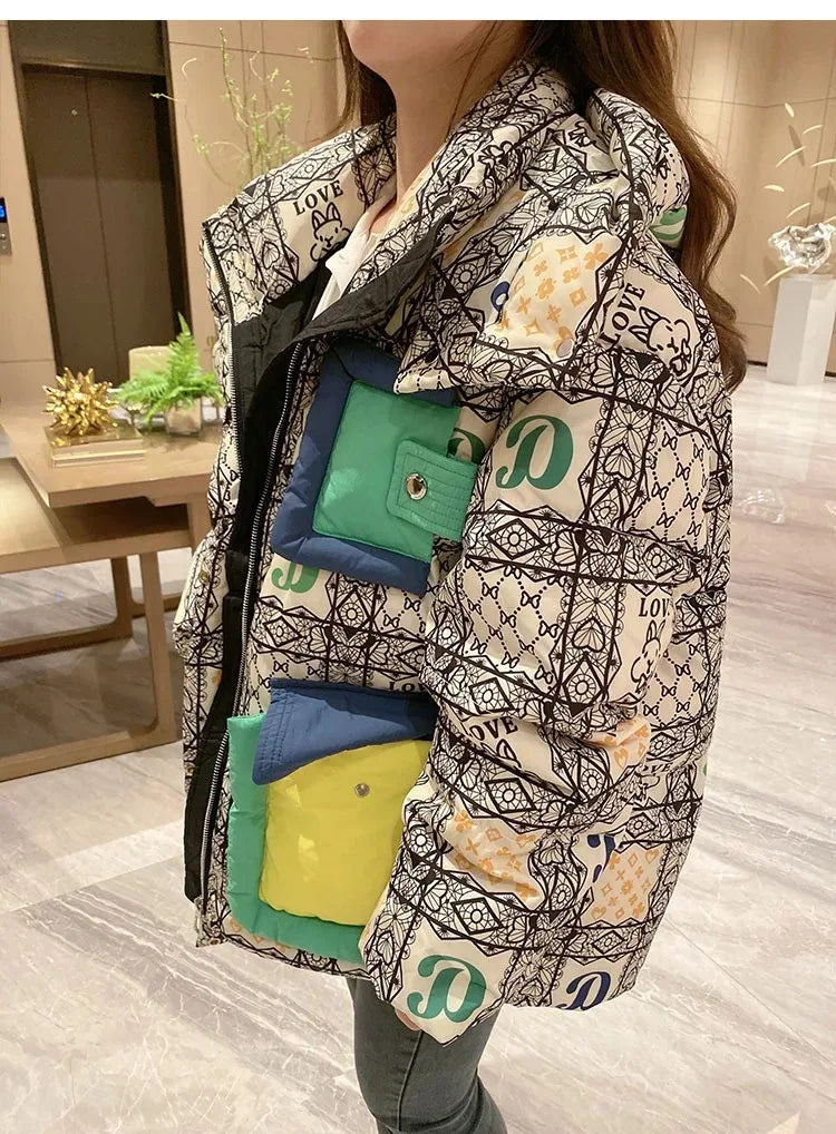 2023 European Station Winter New Down Jacket Women's Warm Fashion Short Color Patchwork Graffiti thick White Duck Down Coa