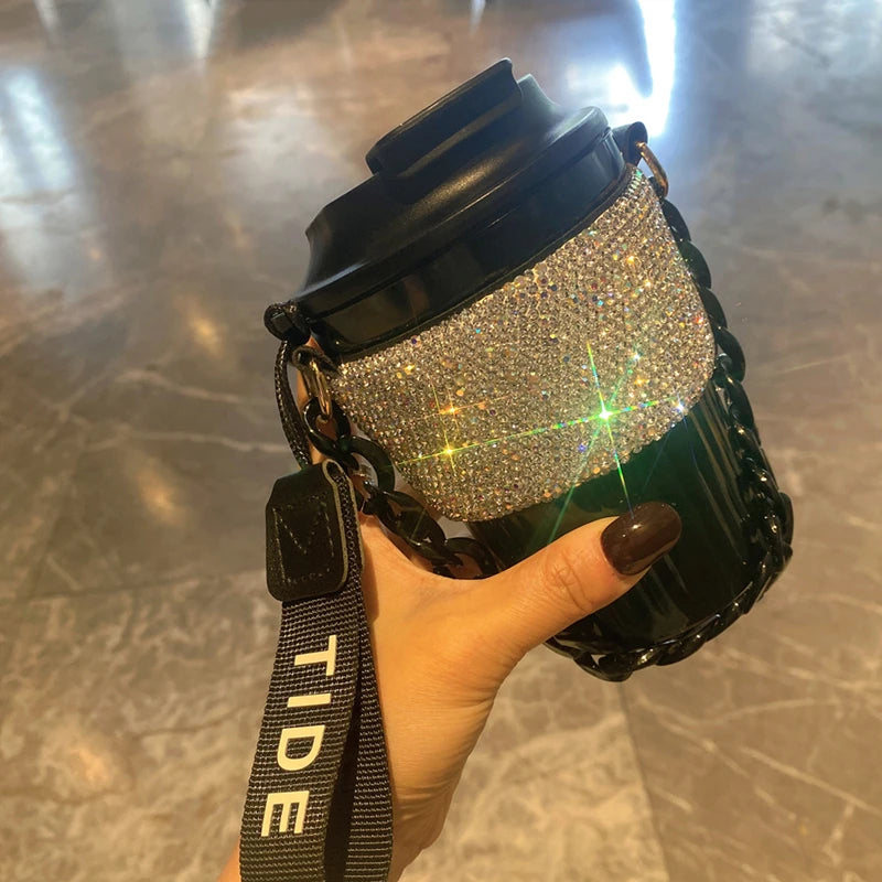 Chain Carry Straight Drink Coffee Cup Rhinestone PC/PP Portable Eco Friendly Non-slip Reusable Mug Outdoor Travel Water Bottle