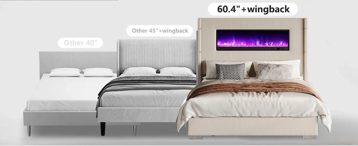 Bed Frame with Fireplace,Wingback Platform Bed Frame with 60.4“ Extra Tall Headboard,Corduroy Upholstered Bed Frame Wooden Slats