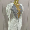 Luxury Sparkly Crystals Sexy Mesh White Velvet Short Dress 2025 Women Elegant Evening Prom Birthday Party Dresses Stage Costume