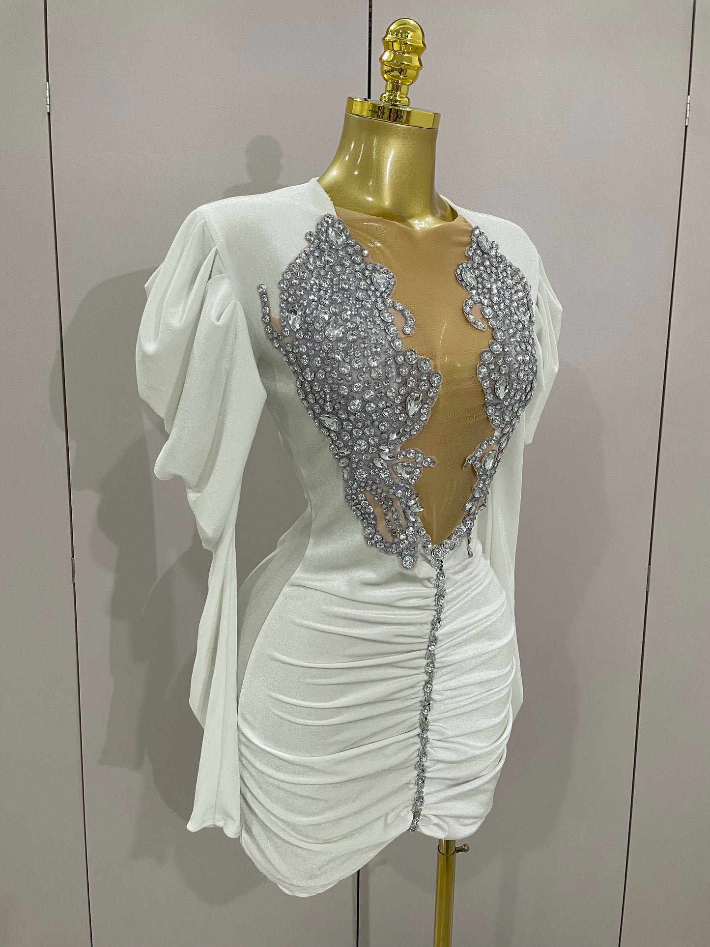 Luxury Sparkly Crystals Sexy Mesh White Velvet Short Dress 2025 Women Elegant Evening Prom Birthday Party Dresses Stage Costume