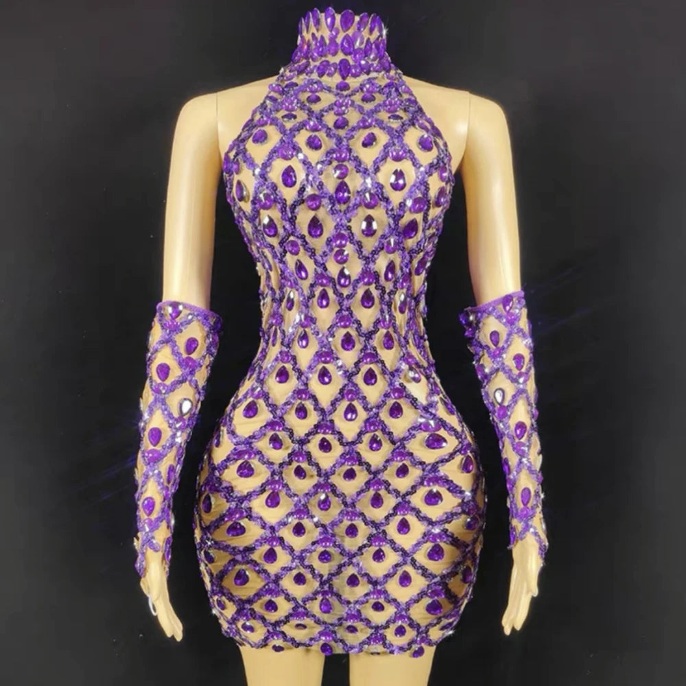 High Quality Sparkling Rainestone Sexy Bodycon Mini Dress Birthday Celebrate Evening Party Dress