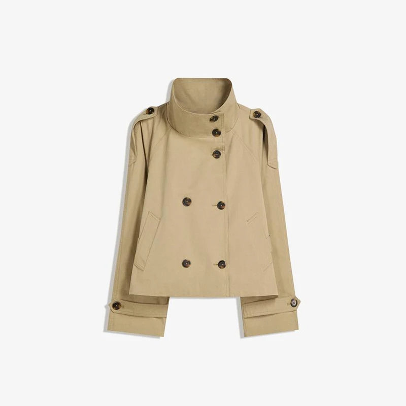 Fashion Belt Short Trench Coat Women Stand Collar Double Breasted Pocket Long Sleeve Coats 2025 Autumn Lady Commute Chic Outwear