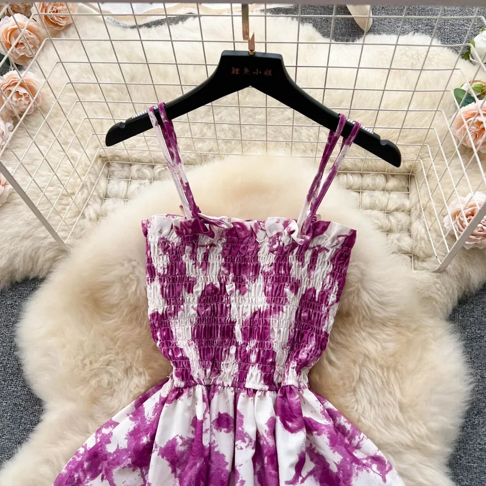 2024 New Summer Korean Fashion Rose Flower Print Romantic Retro Party Dress Elastic High Waist Vacation Long Dress Beach Vestido