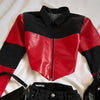 Y2K Womens Street Clothing Heart shaped Leather Clothing Two Punk Jacket Cut Denim Patchwork Retro Pleated Mini Skirt Jacket Set