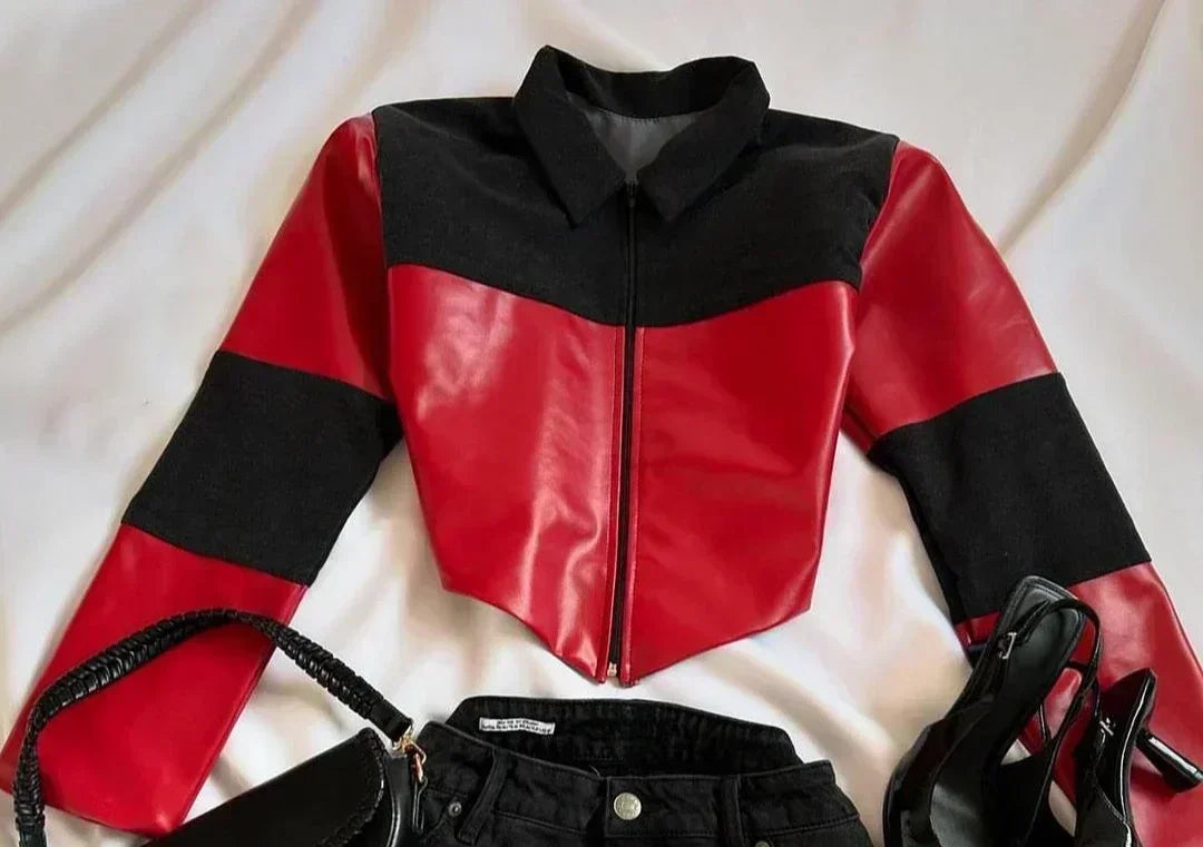 Y2K Womens Street Clothing Heart shaped Leather Clothing Two Punk Jacket Cut Denim Patchwork Retro Pleated Mini Skirt Jacket Set