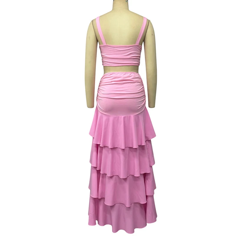 Wefads Women 2 Piece Set Summer Elegant Solid Sleeveless V Neck Hollow Out Backless Tank Top Layered Pleated Long Skirt Sets