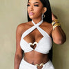 Sexy Metal Loving Heart 2 Piece Dresses Sets Halter Bandage Corset Tops and Mini Skirts Night Club Outfit White Black Streetwear