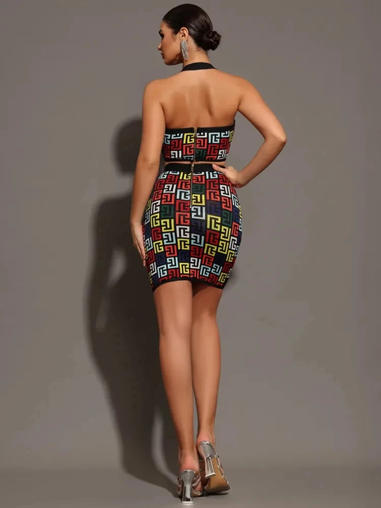 Women 2025 New Sexy Backless Halter Jacquard Two Piece Mini Skirt Bandage Set Celebrity Designer Evening Party Women's Set