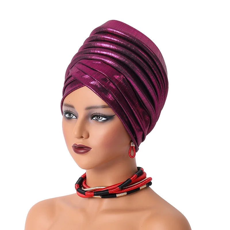 African Women's Auto Gele Headtie Nigeria Lady Pleated Head Wraps Muslim Headscarf Bonnet Turbante Mujer