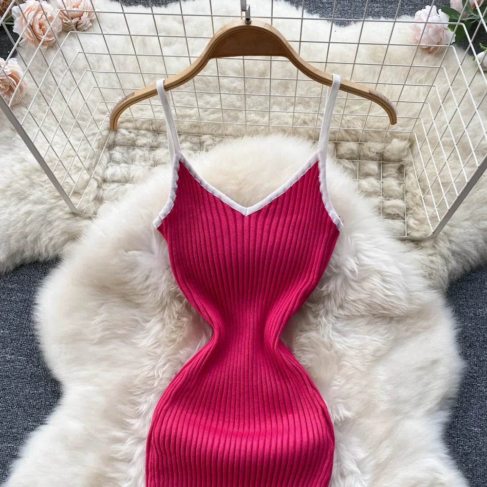 Summer V Neck Knit Sexy Strap Dress Women Elatic Waist Bodycon Sundress Female Beach Backless Maxi Long Dress