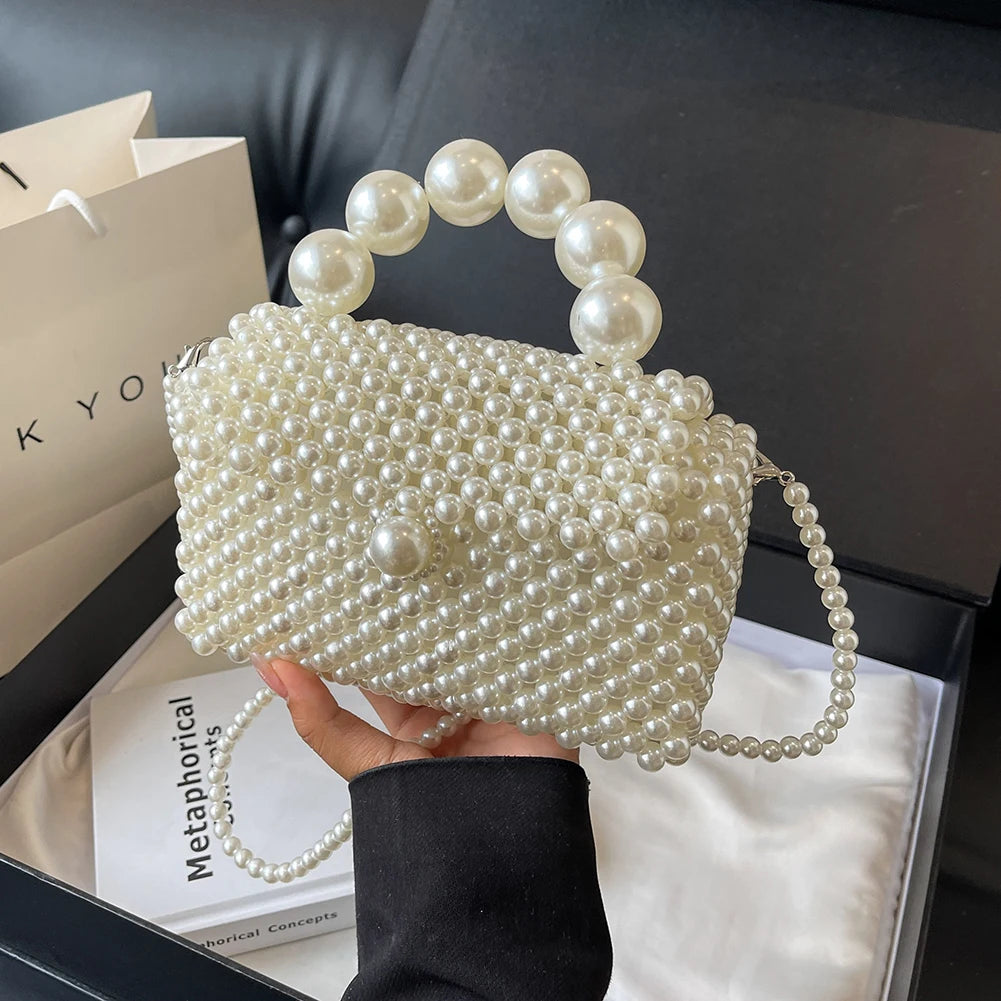 2024 Newest Handmade Pearl Knitting Evening Handbag Luxury Women's Snall Crossbody Bag High-end Hand-Woven Elegant Clutch Purses