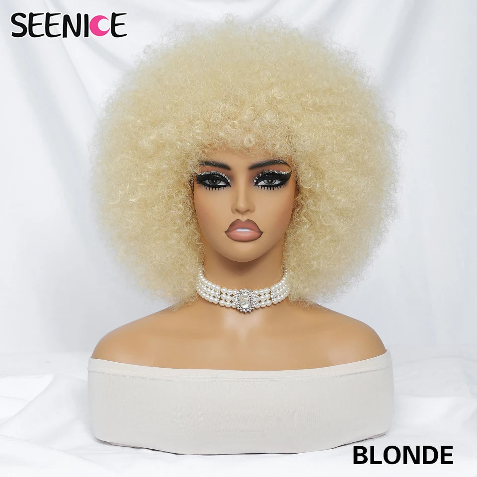 Short Afro Wigs for Black Women Blonde 10" Afro Curly Wig With Bangs 70s Bouncy Natural Synthetic Female Wigs for Party Cosplay