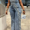 Plus Size Party Blue Asymmetric Hem Distressed Denim Two Piece Pant Sets