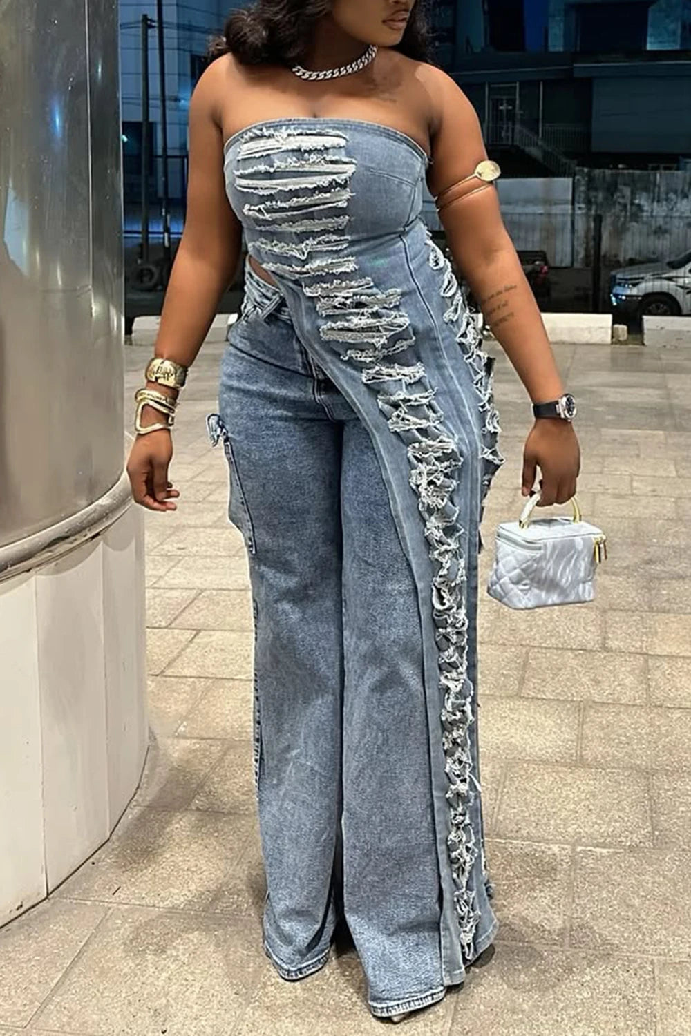 Plus Size Party Blue Asymmetric Hem Distressed Denim Two Piece Pant Sets