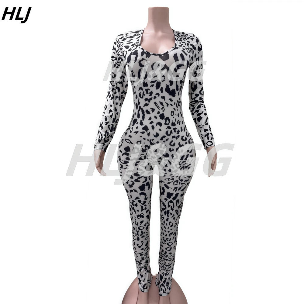 HLJ Sexy Backless Lace Up Leopard Bodycon Jumpsuits Women O Neck Long Sleeve Skinny Pants One Piece Playsuits Fashion Overall