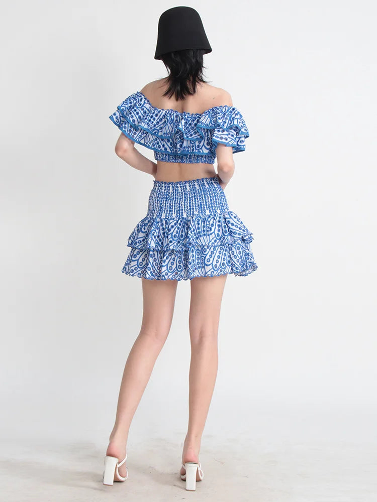 TWOTWINSTYLE Hit Color Print Casual Two Piece Sets For Women Slash Neck Short Sleeve Top High Waist Skirt Summer Set Female New