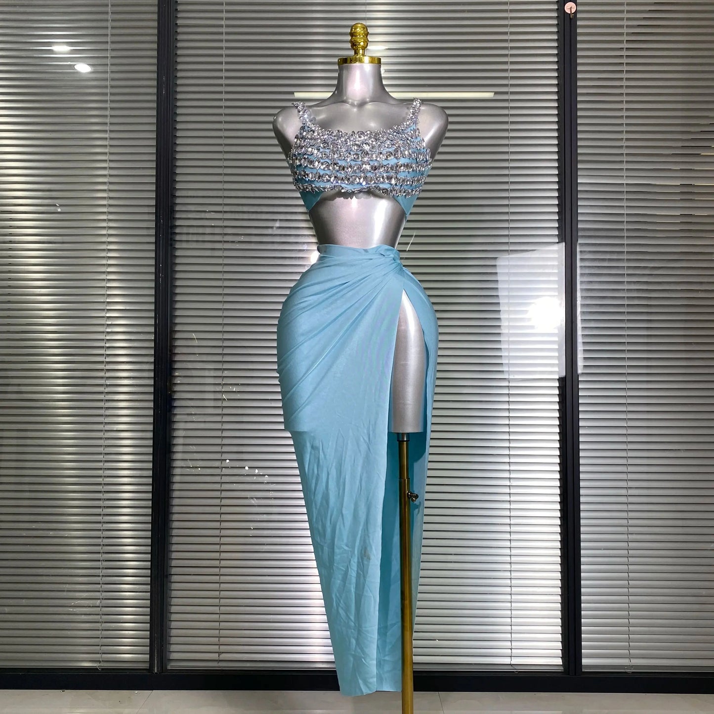 New Women Sexy Two Pieces Set Stretched Crystal Diamonds Night Club Skirt Suits Laced Singer Dancer Stage Performance Costume