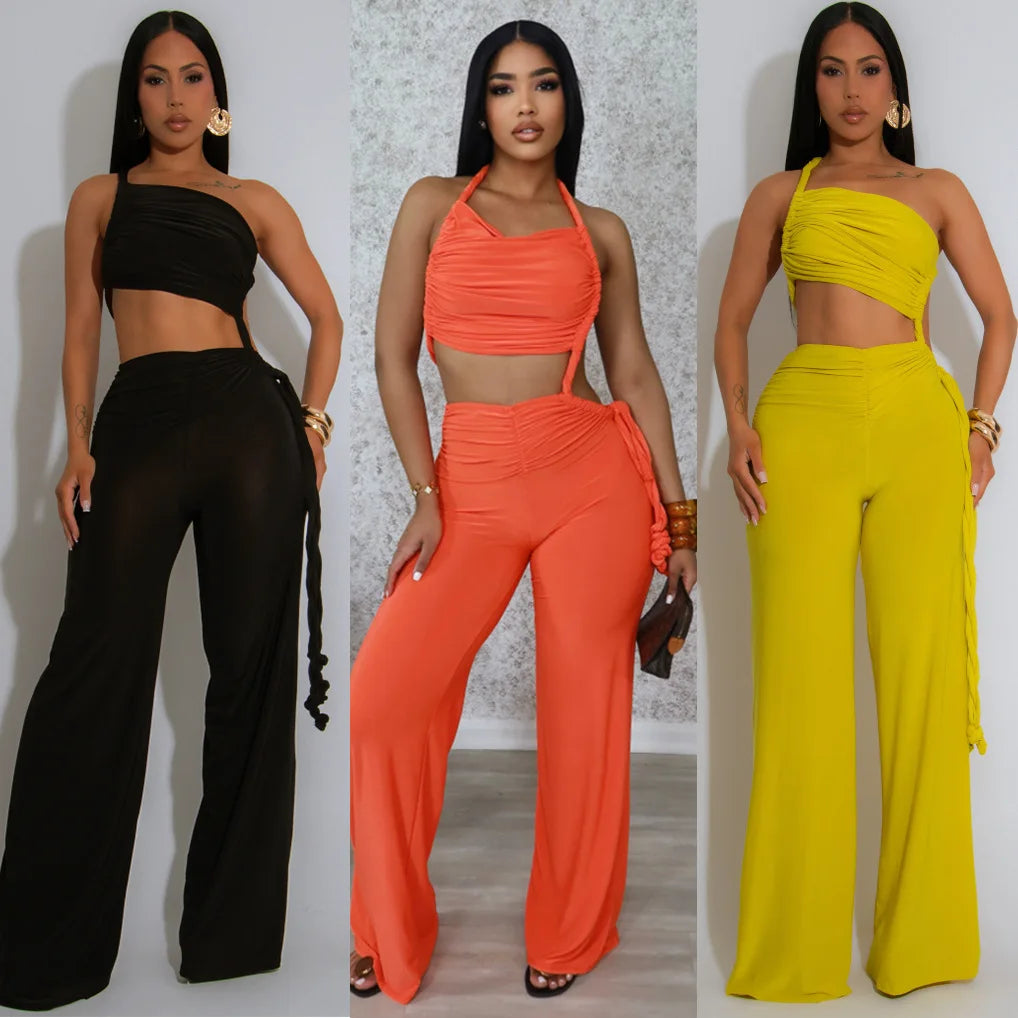 FAGADOER Sexy Ruched Patchwork Bodycon Jumpsuits for Woman Halter Sleeveless Wide-leg Romper Female Streetwear Overalls 2025 New