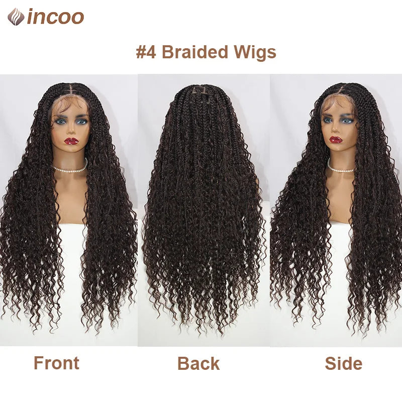 Boho Box Braided Wigs Curly Hair Synthetic Full Lace Front Wigs for Black Women Goddess Locs Braid Wig Bohemian Box Braid Wig