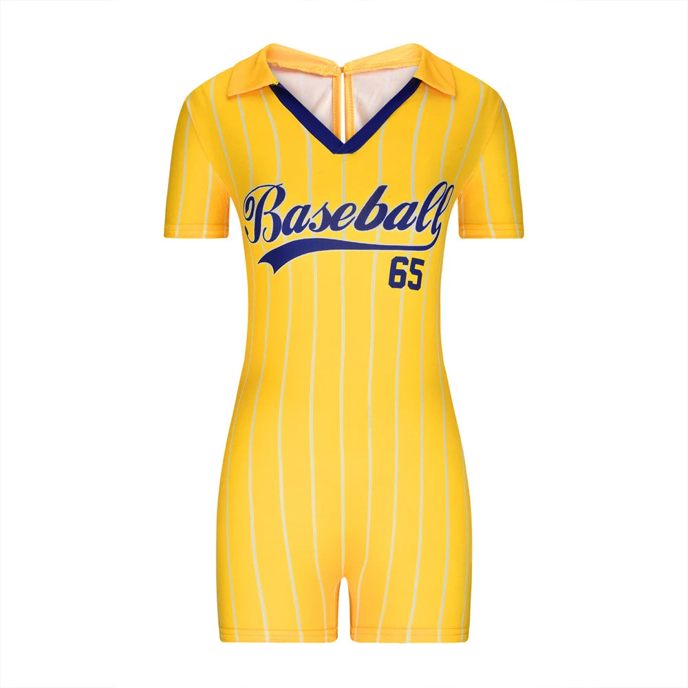 Women's V Neck Casual Jumpsuit One Piece Tight Short Rompers Sports Clothes Baseball Letter Print Summer Outfit New Fashion 2023