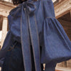 Gymystars New Trendy Imitation Denim Blouse Tops for Women Long Puff Sleeves Bow-Embellished High Neck Women's Autumn Shirts