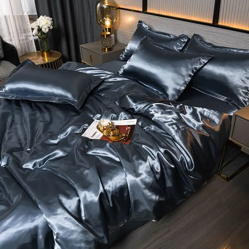 Nordic Satin Silk Bedding Set with Duvet Cover Bed Sheet Pillowcases Luxury Solid Single Double Couple Pillow Case Bedsheet
