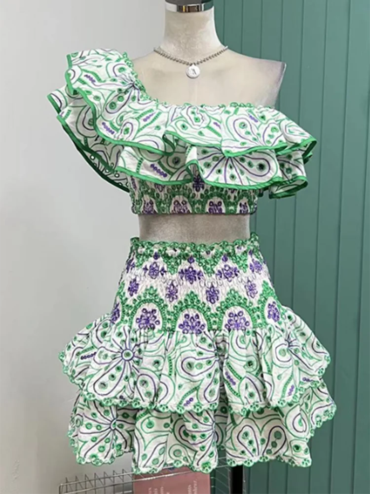 TWOTWINSTYLE Hit Color Print Casual Two Piece Sets For Women Slash Neck Short Sleeve Top High Waist Skirt Summer Set Female New
