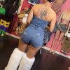 HLJ&GG Blue Sexy Denim Pocket Cargo Bodycon Rompers Women Off Shoulder Sleeveless Backless Slim Jumpsuit Fashion Cowboy Playsuit