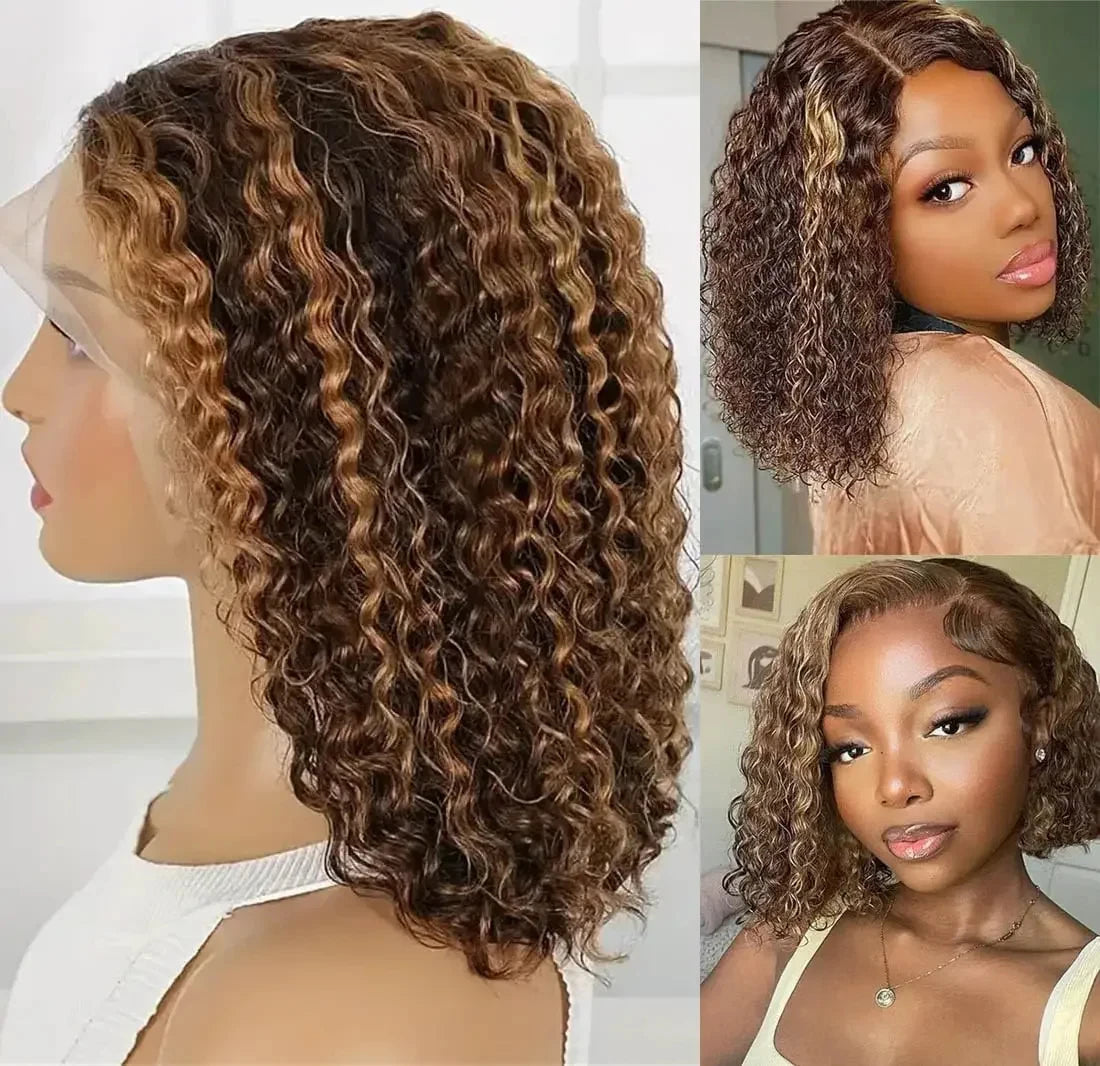 13x4 HD Lace Human Hair Short Human Hair Wigs Curly Color 4/27 Highlight Ombre Human Hair Deep Wave Bob Wigs Curly For Women