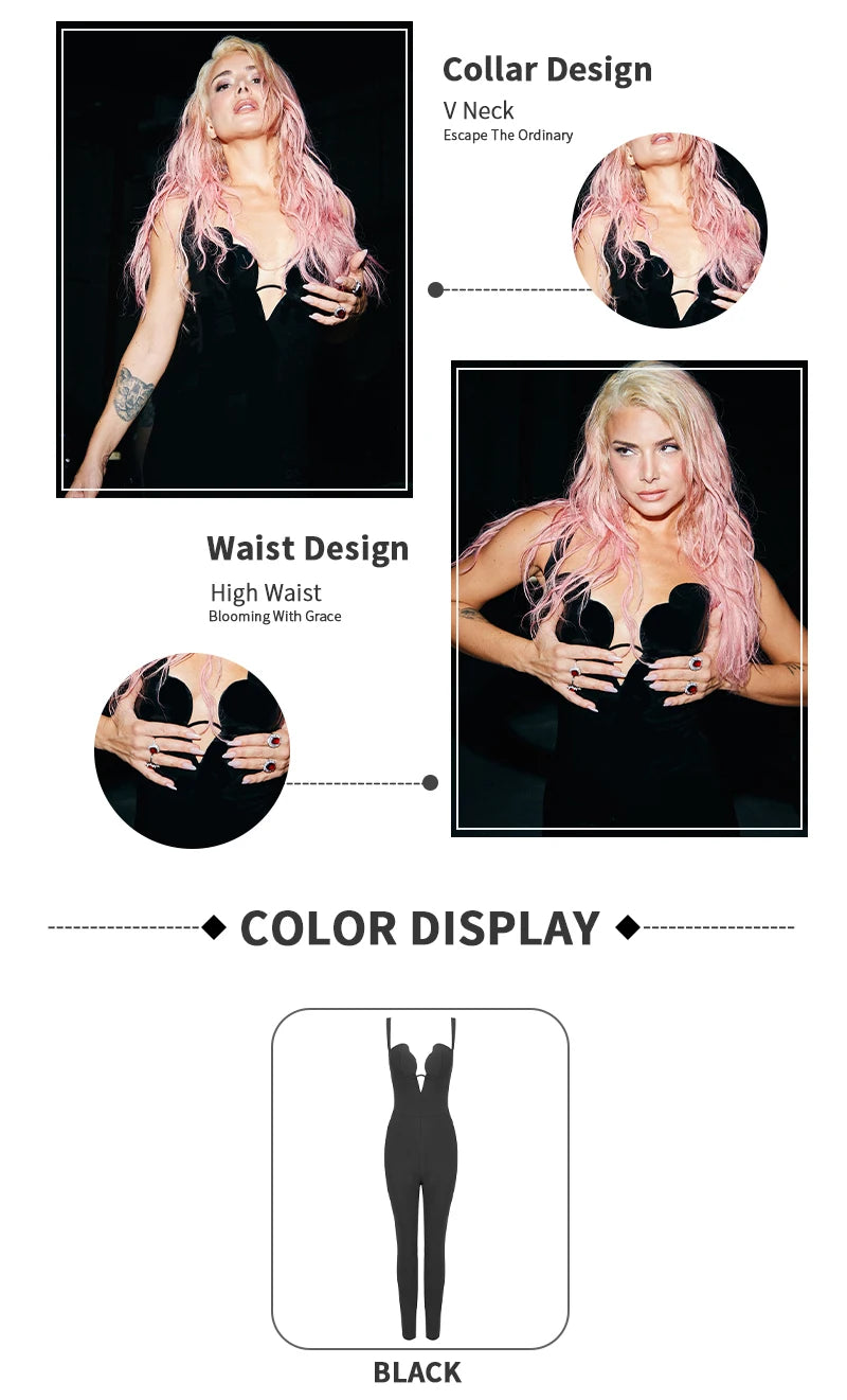 Black Sleeveless V-Neck Bandage Bodice Jumpsuit with Cut - Out Detail - Date Evening & Cocktail Party Outfit