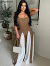 Beyprern Women's Patchwork Spaghetti Straps Knitted Wide Legs Jumpsuits One Piece Outfits Night Clubwear Female Workout Overalls