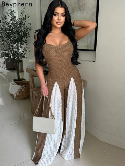 Beyprern Women's Patchwork Spaghetti Straps Knitted Wide Legs Jumpsuits One Piece Outfits Night Clubwear Female Workout Overalls