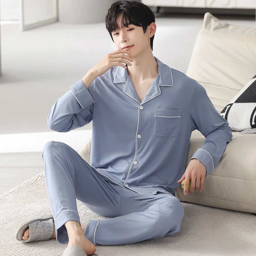 Autumn Pajamas Sets Men Long Sleeve Modal Cotton Thin Teenage Boys' Large Size Spring Outwear Home Cloth Suit Sleepwear Male