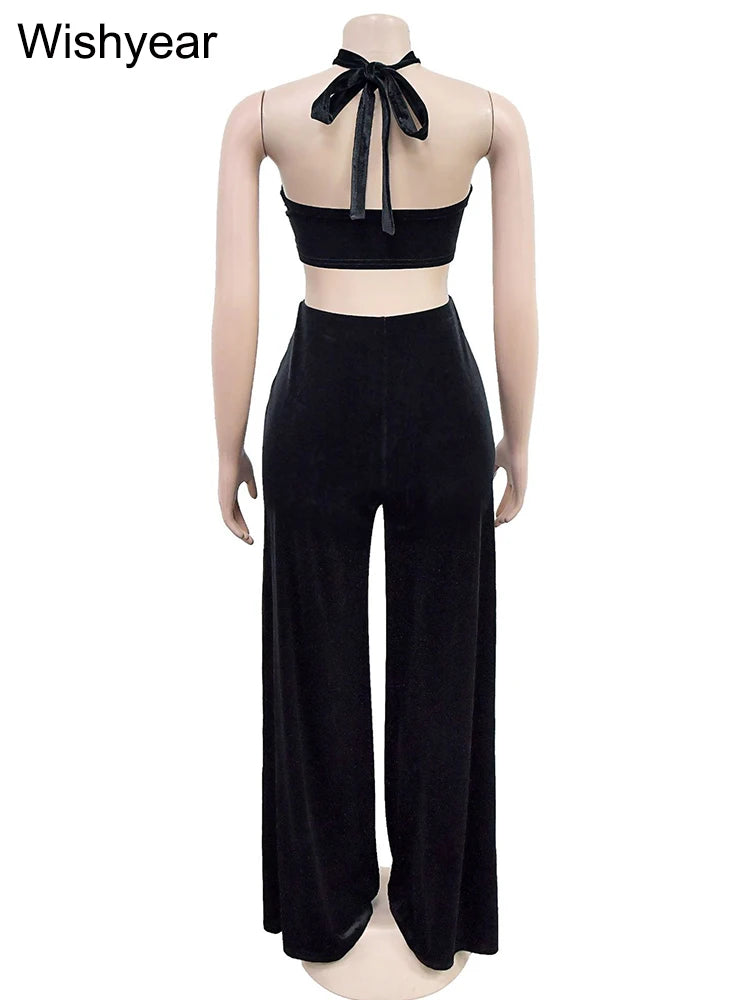 Wishyear Sexy Black Women's Halter Bandage Cross Top amd Wide Leg Pants Two 2 Piece Sets Sexy Night Club Party Evening Outfits