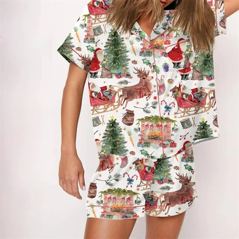 Nutcracker Pajamas Women Christmas Pajama Set Short Sleeve Tops+Elastic Waist Shorts Santa Claus Avatar Print Sleepwear Outfits