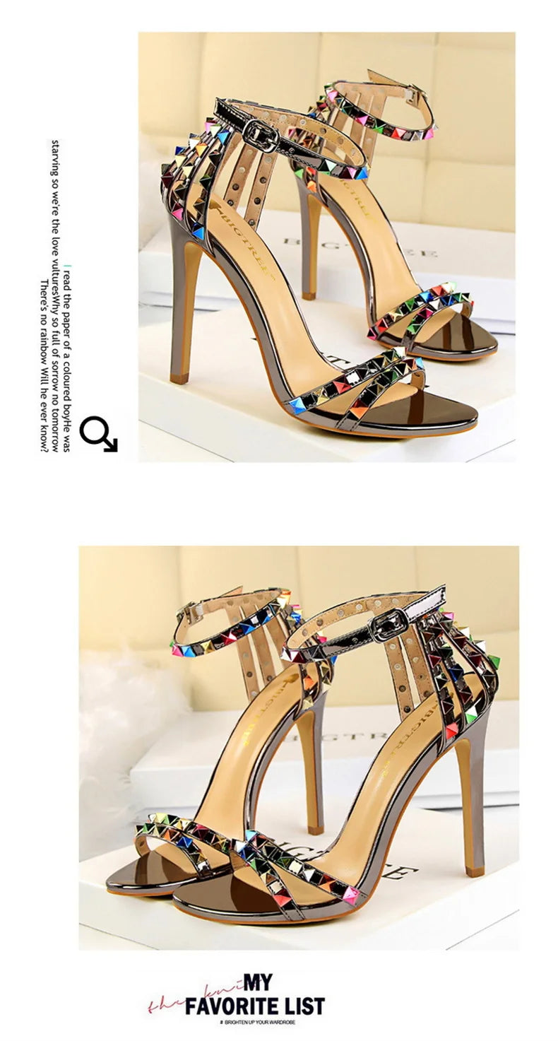 Summer Women Roman High Heels Rivets Studded Sandals Stiletto Gladiator Pumps Open Toe Luxury Shoes Hollow One-word Buckle 267-2