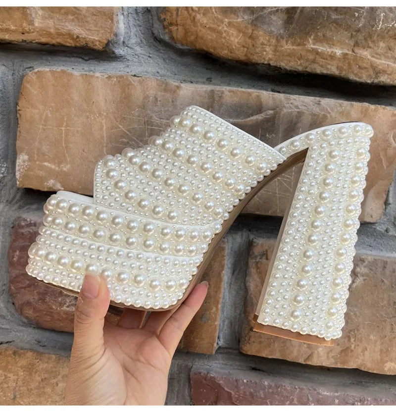 Luxury Handmade Full Rhinestones Platform Wedges Women Slippers Sandals Fashion Summer High heels Mules Slides Chunky Shoes