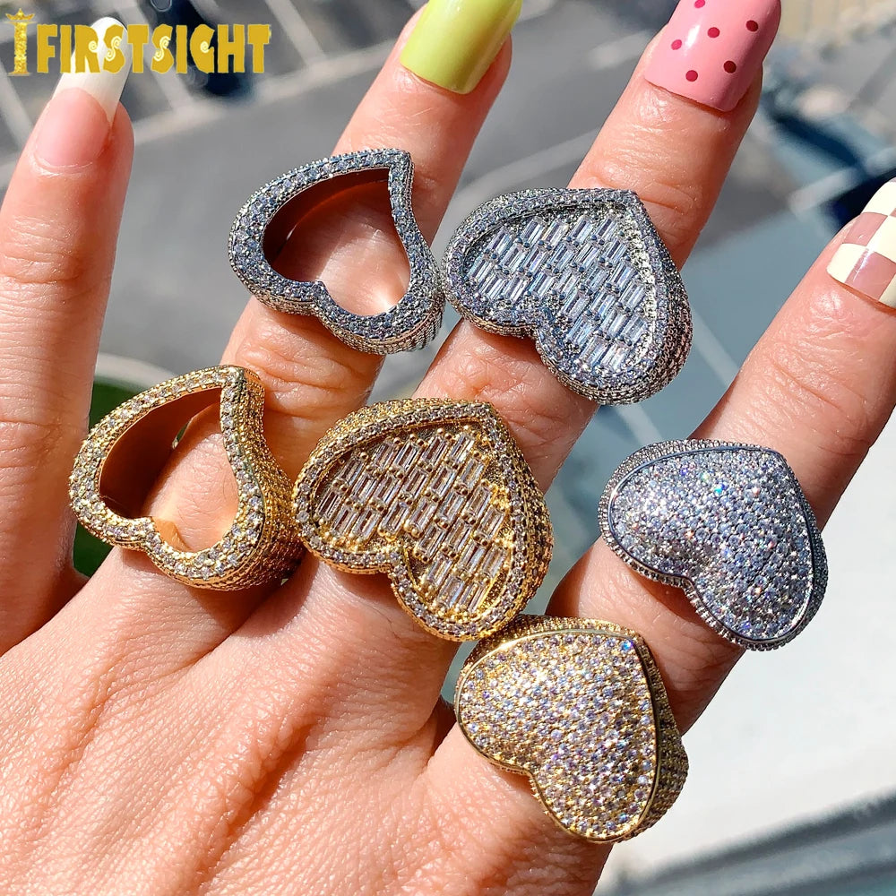 New Full Iced Out Bling Hollow Heart Ring Gold Silver Color 5A CZ Micro Pave Cubic Zircon Rings Hip Hop Punk Men Women Jewelry