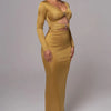Mozision hollow out long sleeve sexy maxi dress for women fashion solid V neck back split bodycon club long dress elegant