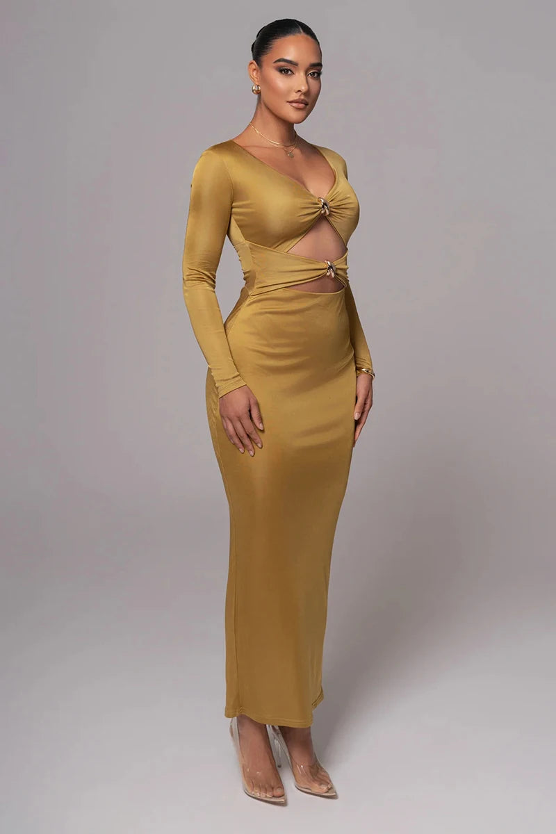 Mozision hollow out long sleeve sexy maxi dress for women fashion solid V neck back split bodycon club long dress elegant