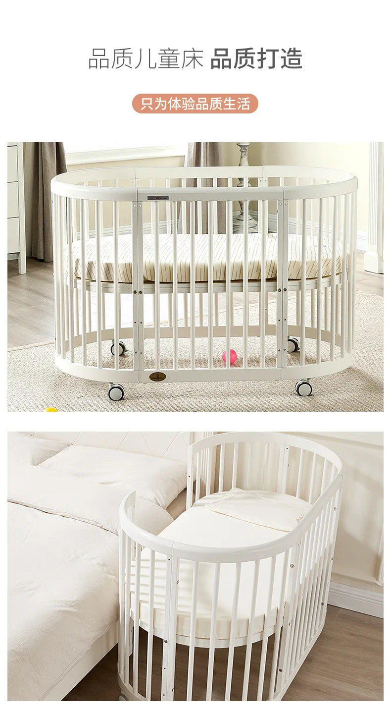 Oval crib Multifunctional pine children's bed European white newborn baby movable splicing bed