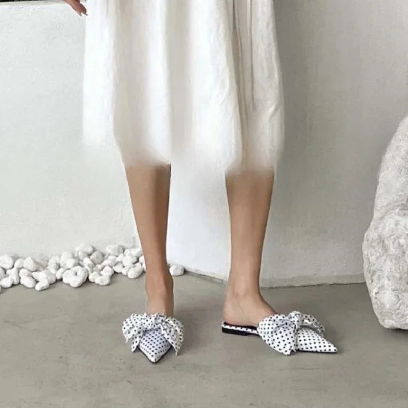 Oversize Bowtie Mule Shoes Women Fashion Pointed Toe Stripe Wave Slip-on Sandals Ladies Luxury Satin Silk Outdoor Flat Slippers