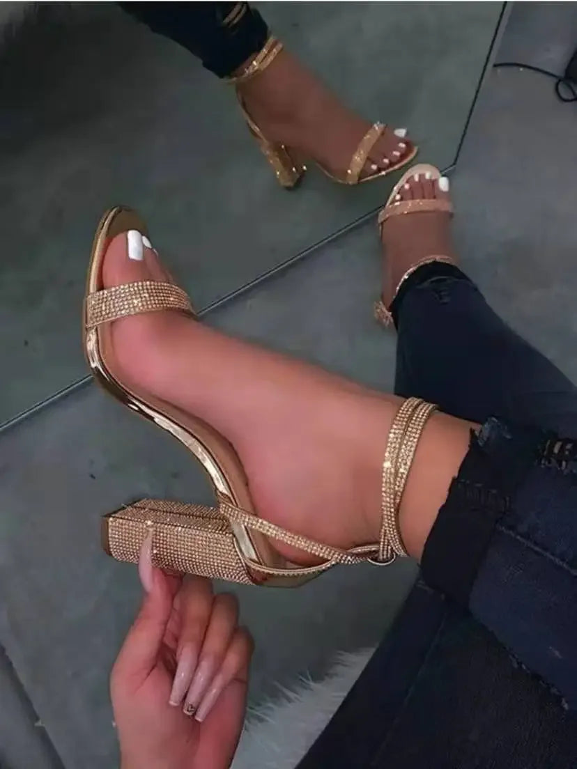 Shiny Gold Rhinestones Chunky Heels Sandals Women Sexy Cross Ankle Strap Silver High Heels Summer Party Dress Shoes Ladies Pumps