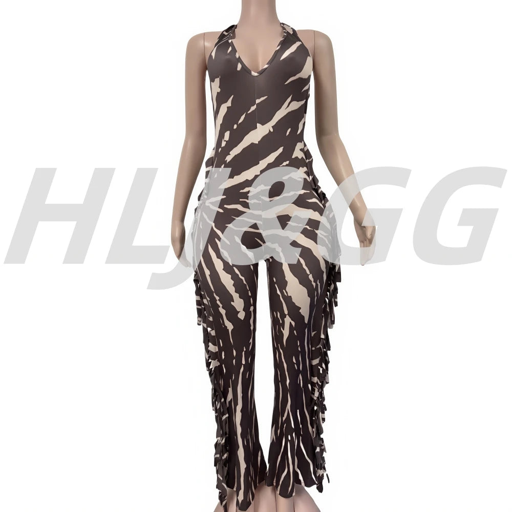 HLJ Sexy Striped Print Tassel Patchwork Bodycon Jumpsuit Women Halter Backless Skinny Rompers Female Party Clubwear Overalls New