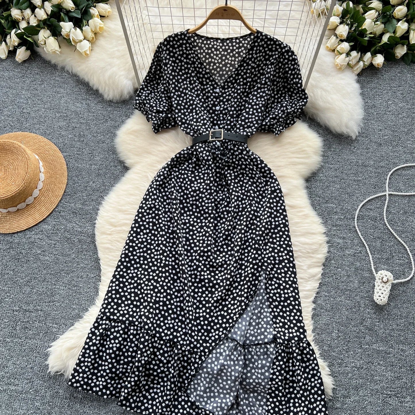 Summer Pleated Women Buttons Dresses Casual Beach Holiday Short Sleeve V Neck Woman Midi Dress Bohemian Mujer Vestidos