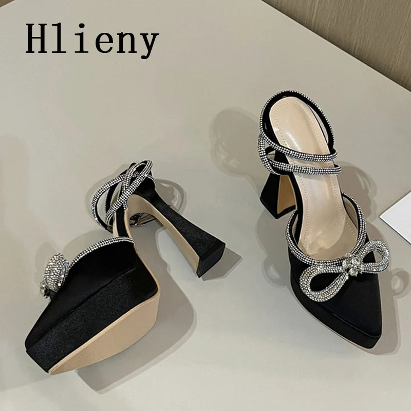 Hlieny 2025 Spring Autumn Women Pumps Fashion Platform Pointed Toe Butterfly-Knot Crystal Party Shoes Ankle Buckle Strap Sandals