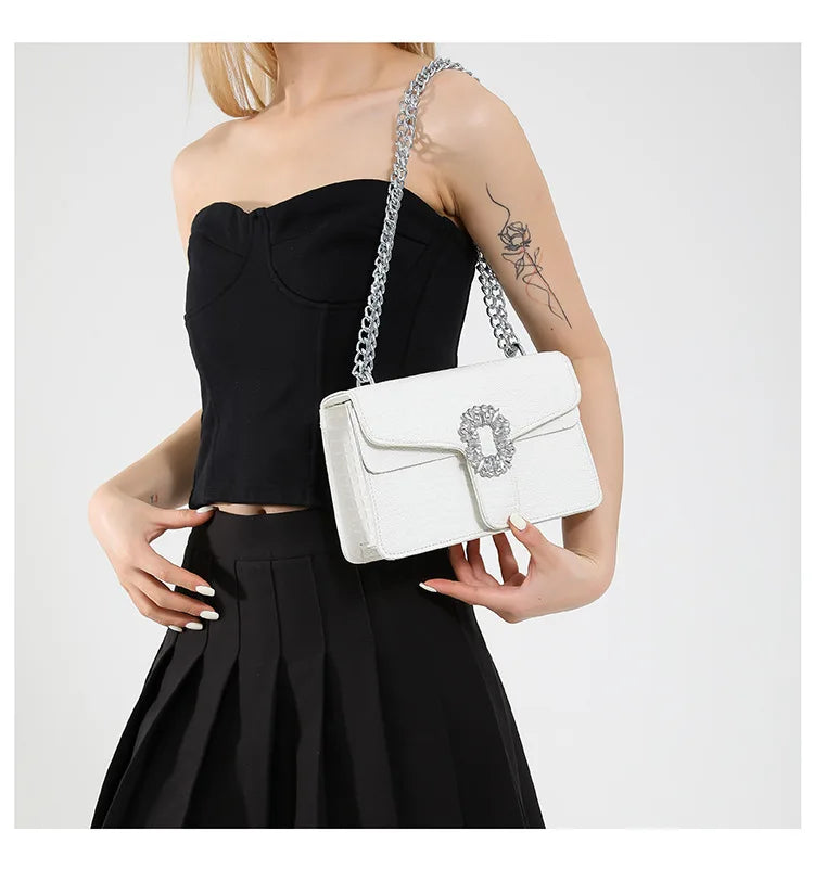 Crocodile Embossed Shoulder Bags For Women Flap PU Leather Fashion Rhinestone Decor Small Square Crossbody Bag Designer Handbag