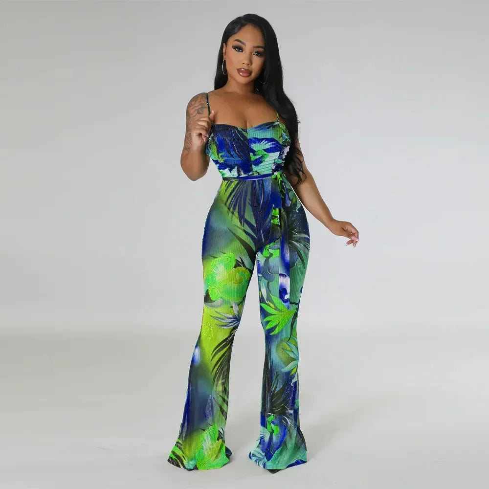 Floral Printed Jumpsuits Summer Outfits for Women 2024 Clubwear Spaghetti Strap Skinny One Pieces Romper Summer Beach Wear